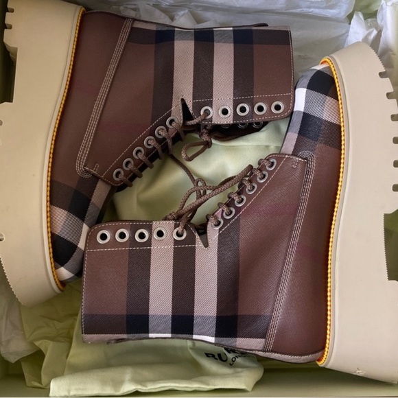 Burberry Mason Check Coated Canvas Platform Combat Boot - Picture 2 of 7
